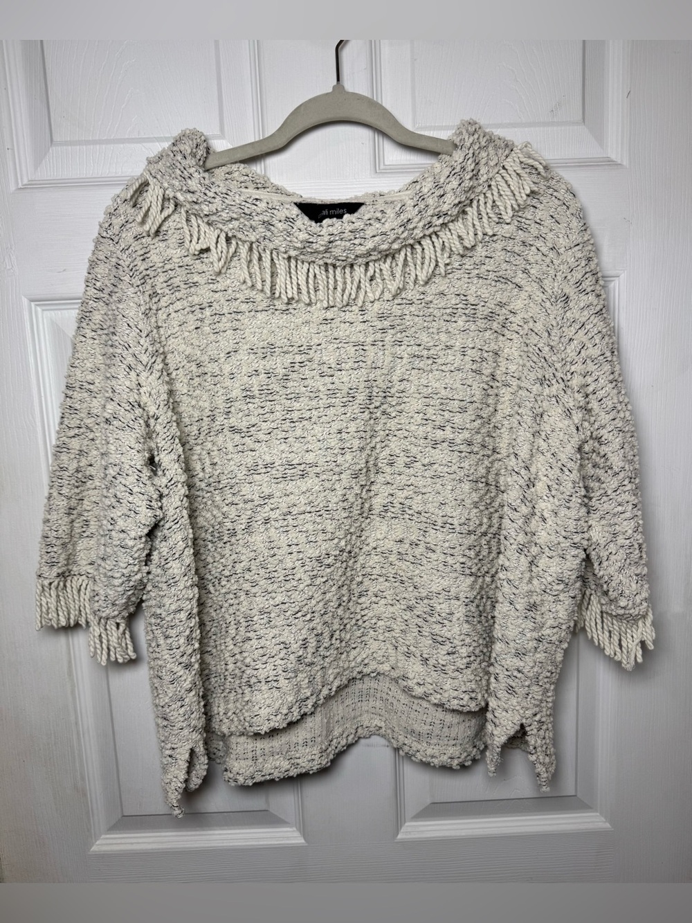 Ali Miles Fringed Popcorn Textured Knit Sweater Cowl Neck 3/4 Sleeve Women’s PXL